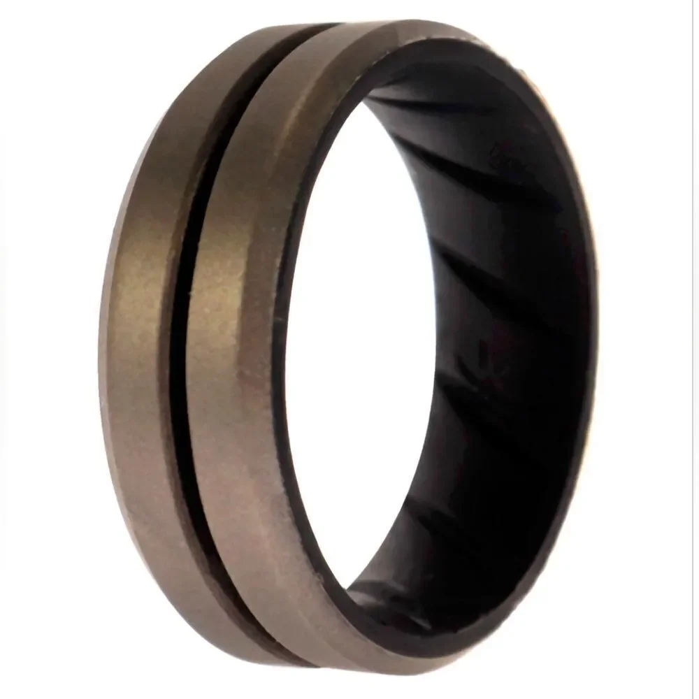 ROQ Gold & Black Breathable Comfort Engraved Middle Line Silicone Ring (11)
